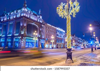 Saint Petersburg. Russia. Nevsky Prospect On A Winter Evening. Center Of St. Petersburg In Christmas Illumination. Christmas Evening In St. Petersburg. Winter Excursions. Snow. New Year Of Russia.