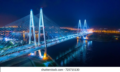 Saint Petersburg. Russia. Night panorama to the cable-stayed bridge in St. Petersburg. Obukhov Bridge.