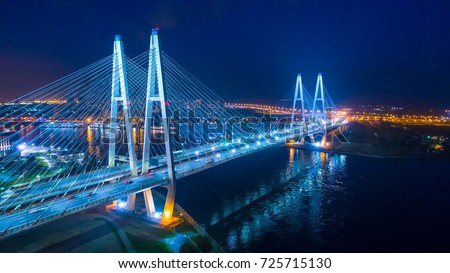 Saint Petersburg. Russia. Night panorama to the cable-stayed bridge in St. Petersburg. Obukhov Bridge.