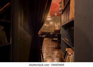 Saint Petersburg, Russia - November  10 2016. The cozy restaurant-library in the city center. The restaurant's name in Russian is a play on words. You can read "we are married" or "we're on you" - Shutterstock ID 544459609