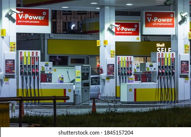 Saint Petersburg / Russia - November 31, 2020: Various Fuels At Shell V Power Petrol Stations And Modern Petrol Stations At Night