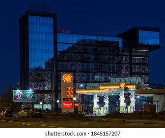 Saint Petersburg / Russia - November 31, 2020: Operating Shell V Power Petrol Station Amid City Buildings In The Early Morning