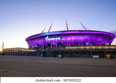 Saint Petersburg, Russia - November 8, 2020: Gazprom Arena Stadium With Purple Lightning St Evening