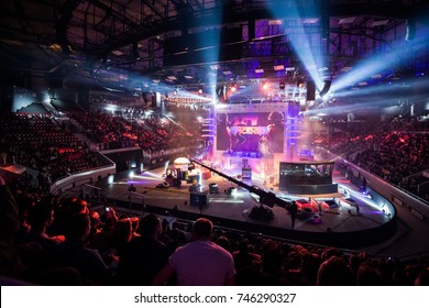 SAINT PETERSBURG, RUSSIA - OCTOBER 2017: Counter Strike: Global Offensive Cyber Sport Event. Main Venue And The Screen With Event's Logo