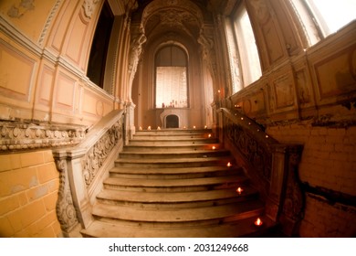 Saint Petersburg. Russia. An old stone staircase in an abandoned manor. Beautiful interior inside the building.