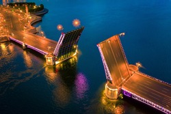 Saint Petersburg. Russia. Palace Bridge At Night. Palace Bridge In Petersburg. Drawbridge Top View. Night Bridge In Petersburg. Neva. Road Architecture Of Russia. Helicopter Walks. Tourism In Russia