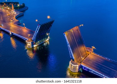 Saint Petersburg. Russia. Palace bridge. White nights in St. Petersburg. Palace bridge view from a quadcopter. Traveling to the cities of Russia. Bridges of St. Petersburg. Night. Tour in Russia