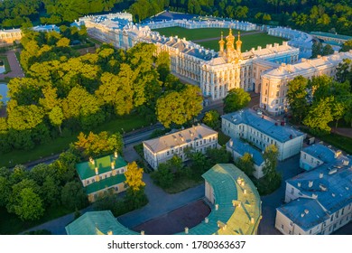 Saint Petersburg. Russia. Catherine?s Palace in royal village. Sights of city of Pushkin. Tsarskoye Selo view from above. Summer St. Petersburg. Traveling to cities of Russia. Tsarskoye Selo top view