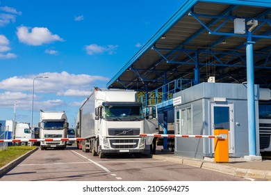 Saint Petersburg, Russia - September 02, 2021: Truck queue at customs Finland Russia.