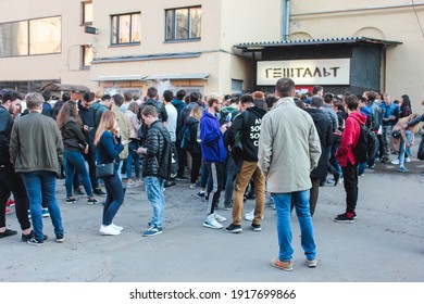 Saint Petersburg, Russia - September 30, 2019: Fans Waiting For A Rap Concert In Front Of A Music Night Club, Outside The Venue, Staying In Line