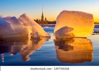 Saint Petersburg. Russia. Spring Ice On The Neva River. Peter-Pavel's Fortress.