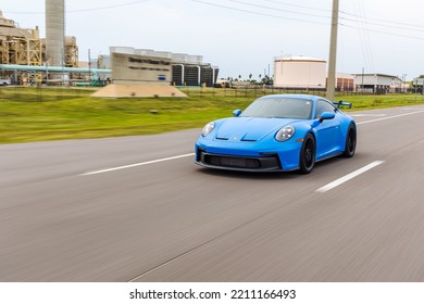 SAINT PETERSBURG, UNITED STATES - Jun 05, 2022: A Modern Blue Porsche 911 GT3 Sportscar In Motion