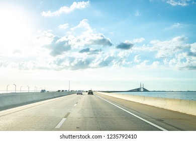 Saint Petersburg, USA - Jun 16, 2018: Driving Through The Bob Graham Sunshine Skyway Bridge