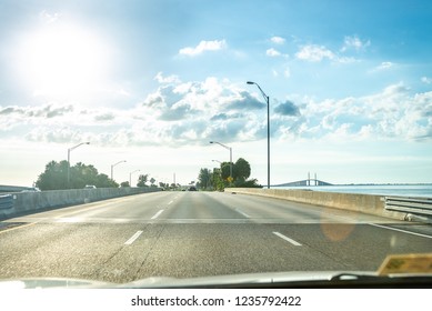 Saint Petersburg, USA - Jun 16, 2018: Driving Through The Bob Graham Sunshine Skyway Bridge