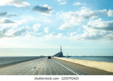 Saint Petersburg, USA - Jun 16, 2018: Driving Through The Bob Graham Sunshine Skyway Bridge