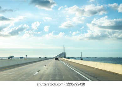 Saint Petersburg, USA - Jun 16, 2018: Driving Through The Bob Graham Sunshine Skyway Bridge