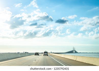 Saint Petersburg, USA - Jun 16, 2018: Driving Through The Bob Graham Sunshine Skyway Bridge