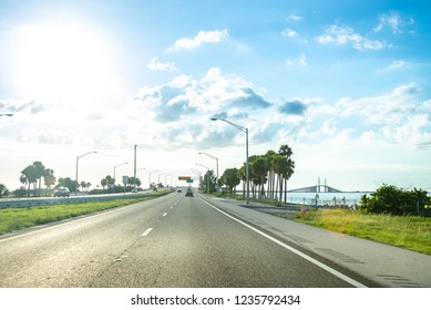 Saint Petersburg, USA - Jun 16, 2018: Driving Through The Bob Graham Sunshine Skyway Bridge