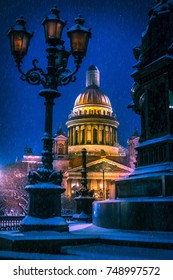 Saint Petersburg. View Of St. Isaac's Cathedral In Winter In St. Petersburg. Russia. Falling Snow. Winter View Of Petersburg.