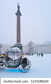 Saint Petersburg In The Winter. Palace Square And The Alexander Column In The Snowfall