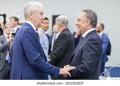 Saint Petersburg-Russia-06.06.2021: SPIEF 2019 Participants. Moscow Mayor Sergei Sobyanin And Deputy Prime Minister Of The Russian Federation Vitaly Mutko.