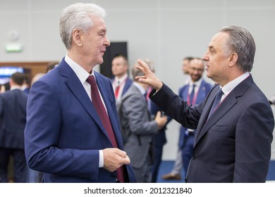 Saint Petersburg-Russia-06.06.2021: SPIEF 2019 Participants. Moscow Mayor Sergei Sobyanin And Deputy Prime Minister Of The Russian Federation Vitaly Mutko.