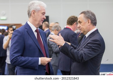 Saint Petersburg-Russia-06.06.2021: SPIEF 2019 Participants. Moscow Mayor Sergei Sobyanin And Deputy Prime Minister Of The Russian Federation Vitaly Mutko.