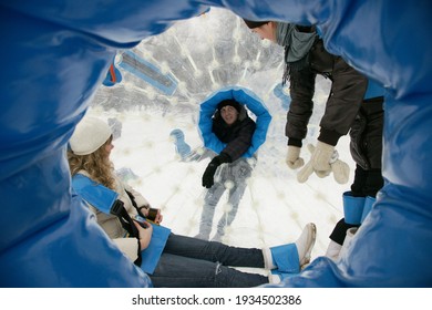 Saint Petersburg-Russia-07.09.2020: Riding In An Inflatable Ball - Zorba. Winter Fun And Entertainment. Zorbing.