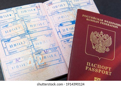 Saint Petersburg-Russia-25.09.2020: Travel Documents. A Russian Foreign Passport And A Stamp On The Border Crossing. Translation: Russian Federation Passport Russia Checkpoint.