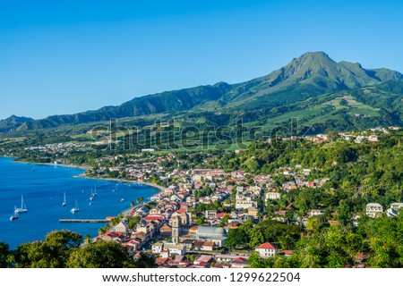 Saint Pierre Caribbean bay in Martinique beside Mount Pelée volcano