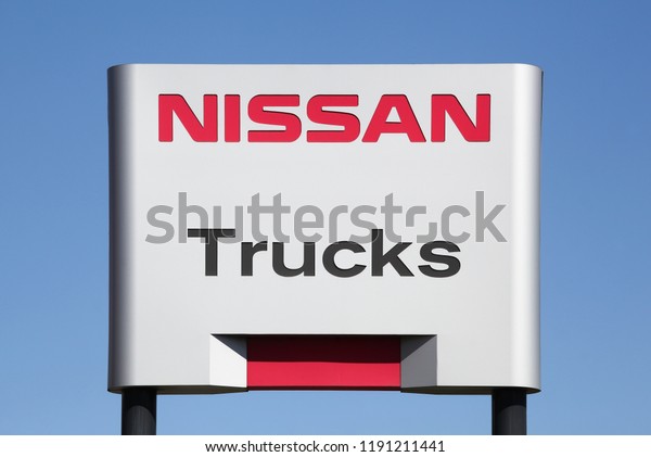 Saint Priest,\
France - September 8, 2018: Nissan trucks sign on a panel. Nissan\
Motor Company Ltd, usually shortened to Nissan is a Japanese\
multinational automobile manufacturer\
