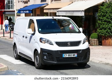 Saint Tropez, France - September 11, 2019: White Panel Van Peugeot Expert In A City Street.