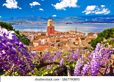 Saint Tropez village church tower and old rooftops view, famous tourist destination on Cote d Azur, Alpes-Maritimes department in southern France