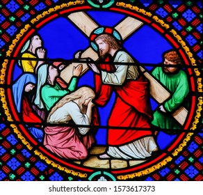 Saint-Adresse, France - August 15, 2019: Stained Glass in the Chapel of Notre-Dame-des-flots in Sainte Adresse, Le Havre, France, depicting Jesus Carrying the Cross on the Via Dolorosa in Jerusalem