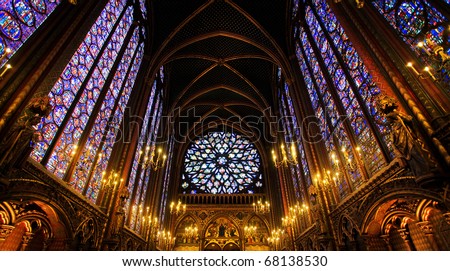  Sainte-Chapelle Chapel in Paris, France. Famous stained glass windows and ceiling.
