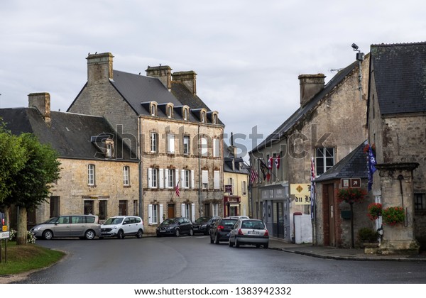 Sainte-Marie-du-Mont, France - August 16, 2018:\
Street view and historic old Building in Sainte Marie du Mont.\
Manche, Normandy,\
France
