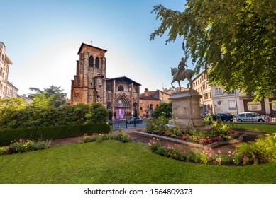 Saint-Etienne, France – July 29, 2019 Saint Etienne Church As Seen From Boivin Square. Jean D’Arc Monument Is At Right Foreground. 