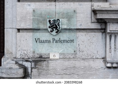 Saint-Josse, Brussels Capital Region, Belgium- 11 26 2021:Sign and logo of the Flemish Parliament 