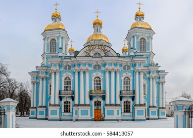 Saint-Nicholas Naval Cathedral (Nikolskiy morskoy sobor) in Saint-Petersburg, Russia at winter overcast day.