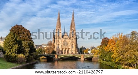 Saint-Paul church at Ill river water panorama Alsace in Strasbourg France city