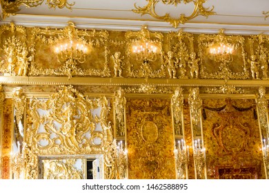 Saint-Petersburg. Russia. 03 July 2019. Catherine Palace. Decorative Elements On The Wall Of The Amber Room.