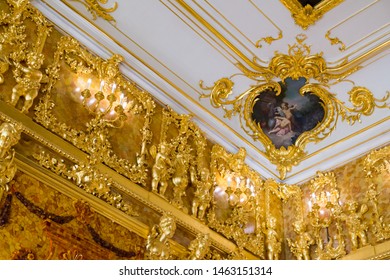 Saint-Petersburg. Russia. 03 July 2019. Catherine Palace. Decorative Elements On The Wall Of The Amber Room.