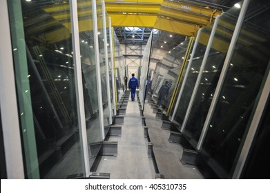 Saint-Petersburg, Russia - 4 February 2010: The Float Glass Production Plant. Working Professionals Monitor The Manufacturing Process And Product Quality.