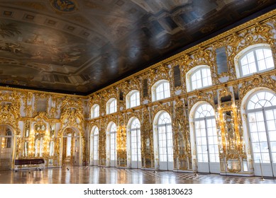 Saint-Petersburg, RUSSIA - APRIL 30 2019: The magnificent ballroom interior inside the Catherine's Palace, Pushkin, Tsarskoye Selo
