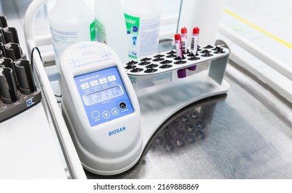 Saint-Petersburg, Russia - April 6, 2018: Modern Clinical Laboratory Equipment, Blood Bank Device. Programmable Rotator Multi Bio RS-24 By Biosan Stands On Laboratory Table