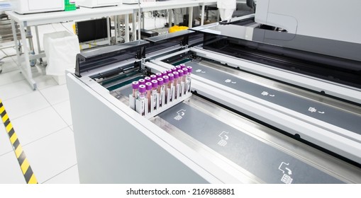 Saint-Petersburg, Russia - April 6, 2018: Blood Samples Are On The Haematology Automation Line. Clinical Laboratory And Blood Bank Fully Automated Equipment