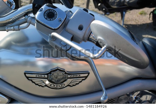 Saint-Petersburg,\
Russia - August 17, 2019: Photo from the motorcycle club festival.\
Harley-Davidson logo on a\
motorcycle\
