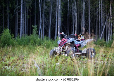 SAINT-PETERSBURG, RUSSIA - AUGUST 2015: ATV Yamaha Raptor R700 In The Forest. Grass In The Foreground.