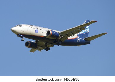 SAINT-PETERSBURG, RUSSIA - AUGUST 21, 2015: Flying Boeing 737-5Y0 (VP-BQI ) Company Nordavia Closeup