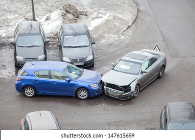 SAINT-PETERSBURG, RUSSIA - CIRCA MARCH, 2013: Two Cars Accident On Parking Area On Circa March, 2013 In Saint-Petersburg, Russia. Frontal Crash, No One Was Injured